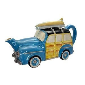 NEW Blue Sky Retro Woody Wagon Teapot‎ with Surfboard Lid Ceramic Novelty